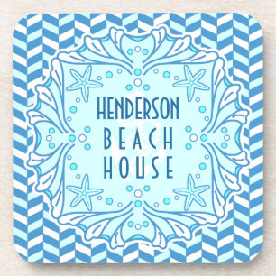 Beach House Art Deco Shell and Herringbone Custom Drink Coaster