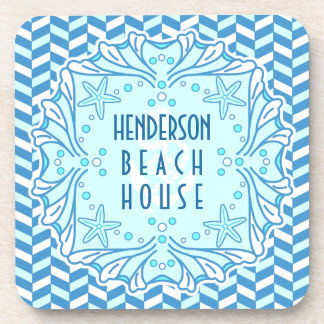 Beach House Art Deco Shell and Herringbone Custom Drink Coaster