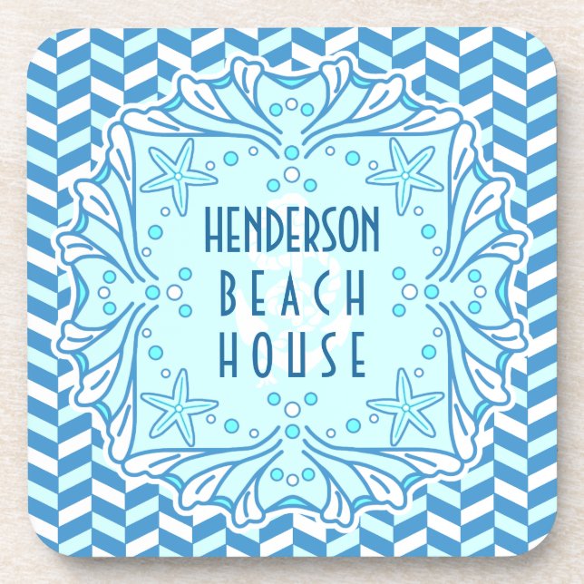 Beach House Art Deco Shell and Herringbone Custom Drink Coaster (Front)