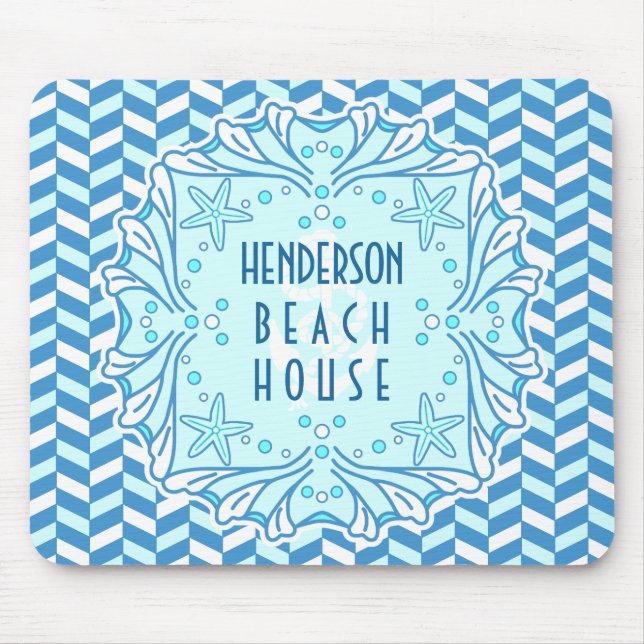 Beach House Art Deco Shell and Herringbone Custom Mouse Pad (Front)