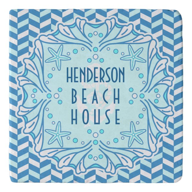 Beach House Art Deco Shell and Herringbone Custom Trivet (Front)