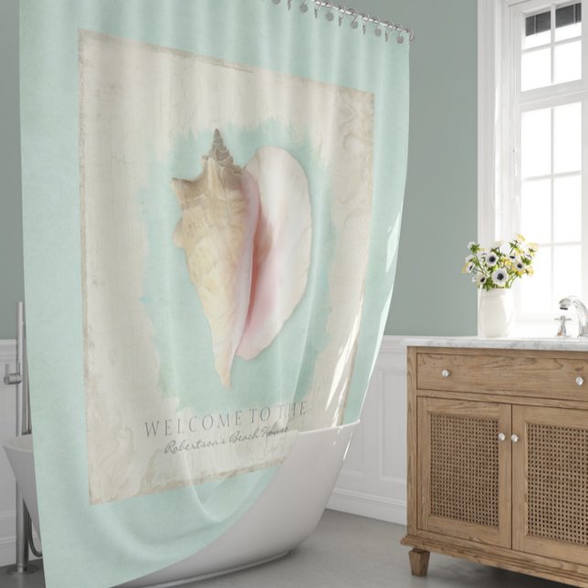 Beach House Bathroom Personalized Welcome Conch Shower Curtain (Creator Uploaded)