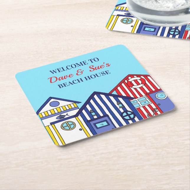 Beach House Beach Huts Nautical Square Paper Coaster (Angled)