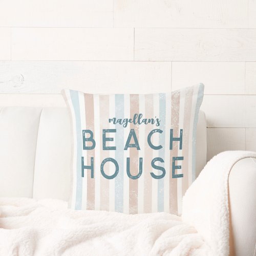 Beach House Beige Blue Stripe Coastal Throw Pillow