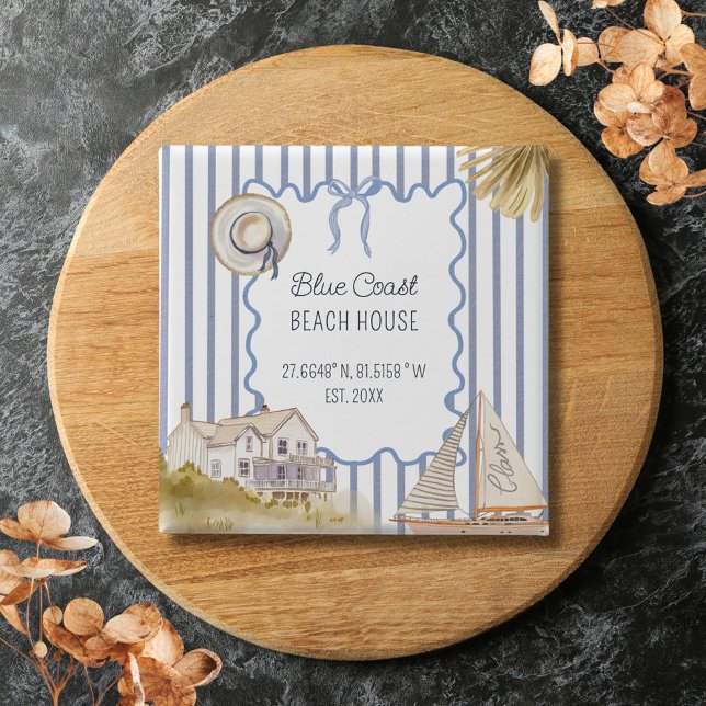 Beach House Blue Coastal Chic Blue Stripes Button (In situ)