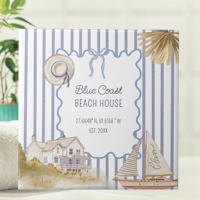 Beach House Blue Coastal Chic Blue Stripes Ceramic Tile (In situ)
