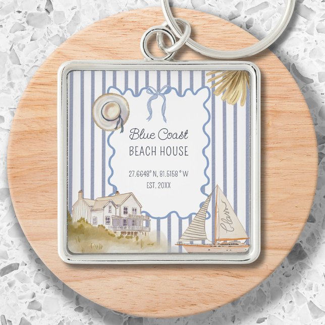 Beach House Blue Coastal Chic Blue Stripes Keychain (In situ)
