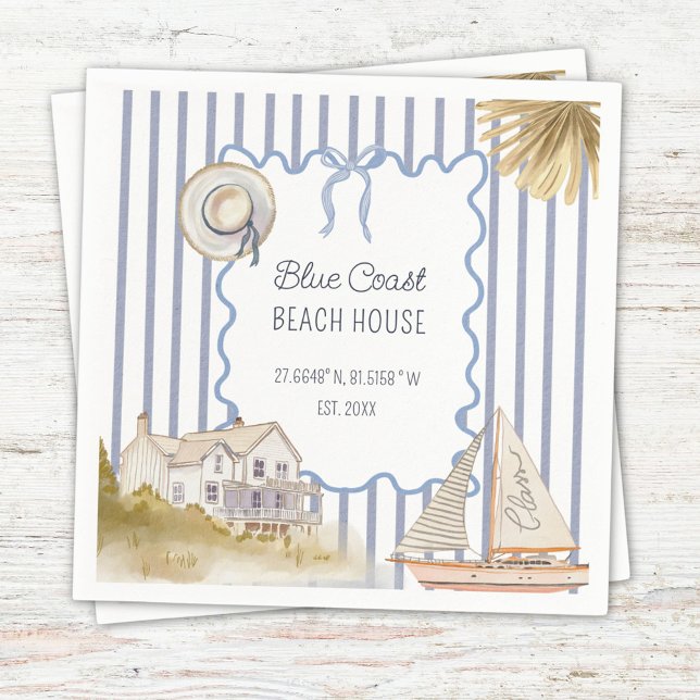 Beach House Blue Coastal Chic Blue Stripes Napkins (In situ)