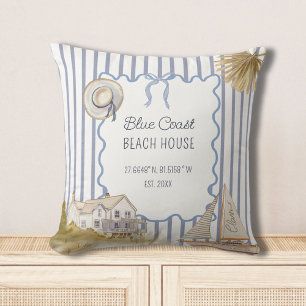 Beach House Blue Coastal Chic Blue Stripes Throw Pillow