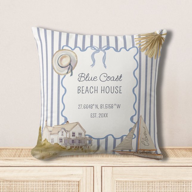 Beach House Blue Coastal Chic Blue Stripes Throw Pillow (In situ)