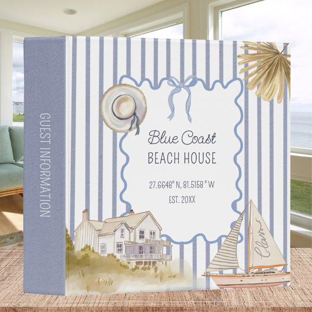 Beach House Blue Coastal Chic Guest Information 3 Ring Binder (In situ)
