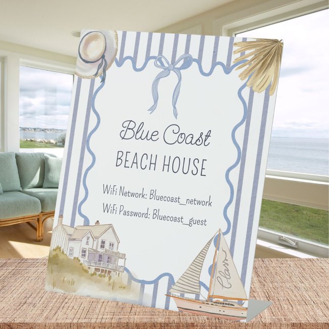 Beach House Blue Coastal Chic Guestbook Pedestal Sign (In situ)