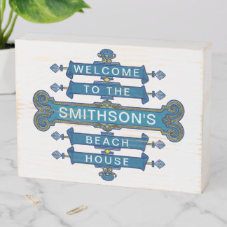 Beach House Blue Coastal Vintage Style Custom Name Wooden Box Sign