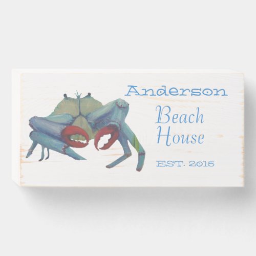 Beach House Blue Crab Personalized Est Year Wooden Box Sign