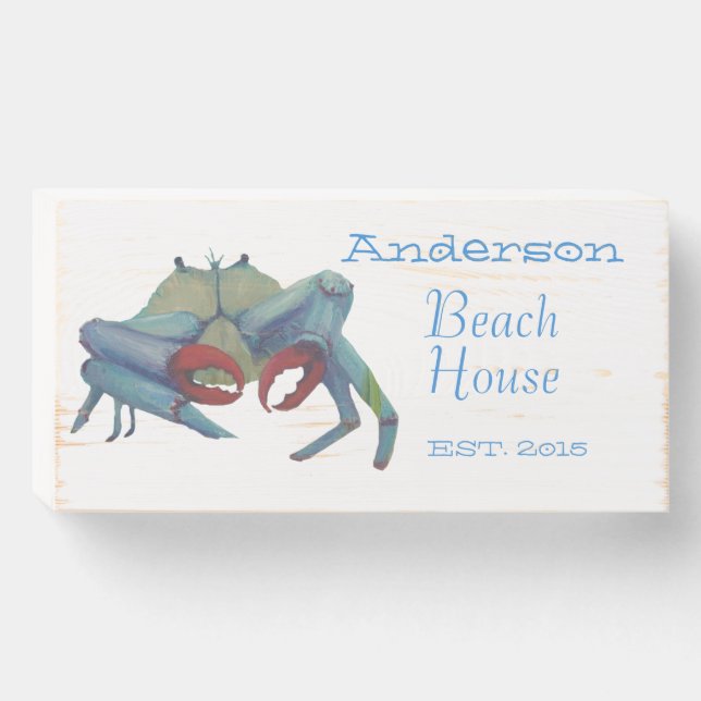 Beach House Blue Crab Personalized Est. Year Wooden Box Sign (Front Horizontal)