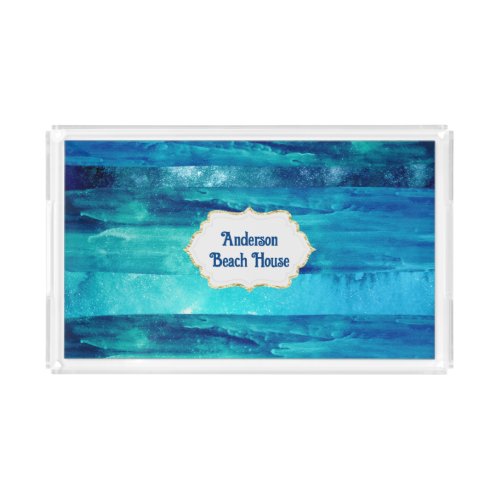 Beach house blue ocean sea waves water name acrylic tray