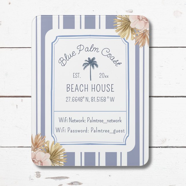 Beach House Blue Strip Coastal Boho Farmhouse Wifi Door Sign (In situ)