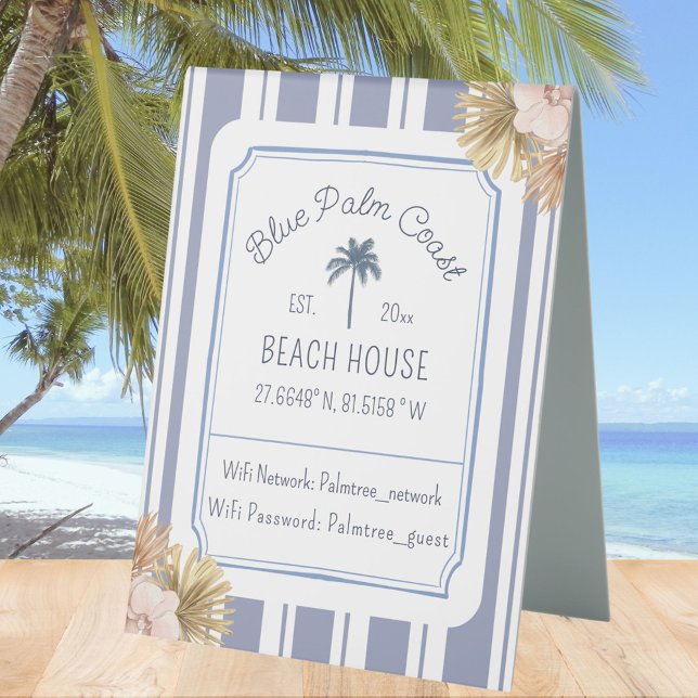 Beach House Blue Strip Coastal Boho Farmhouse Wifi Table Tent (In situ)