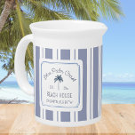 Beach House Blue Strip Coastal Farmhouse Beverage Pitcher<br><div class="desc">Introducing our Beach House Blue Strip Coastal Farmhouse beverage pitcher. Featuring watercolor illustration of orchid and dried palm leaves with navy blue strips as background. Suitable for Rental vacation beach house or coastal cottage.</div>