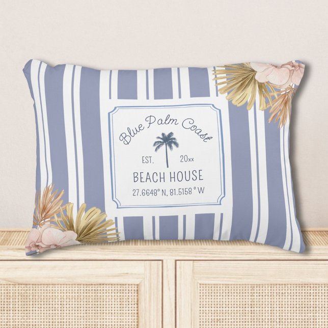Beach House Blue Stripes Coastal Boho Farmhouse Accent Pillow (In situ)