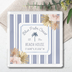Beach House Blue Stripes Coastal Boho Farmhouse Acrylic Tray