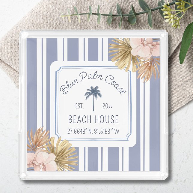 Beach House Blue Stripes Coastal Boho Farmhouse Acrylic Tray (In situ)