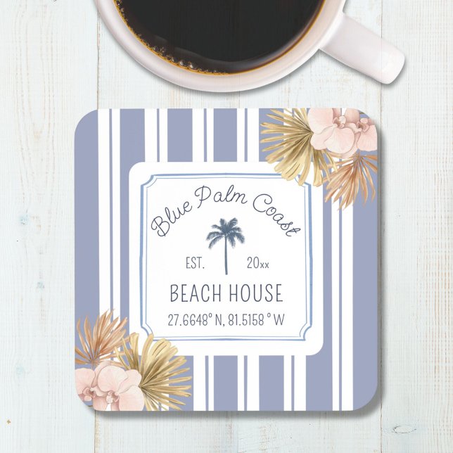 Beach House Blue Stripes Coastal Boho Farmhouse Beverage Coaster (In situ)