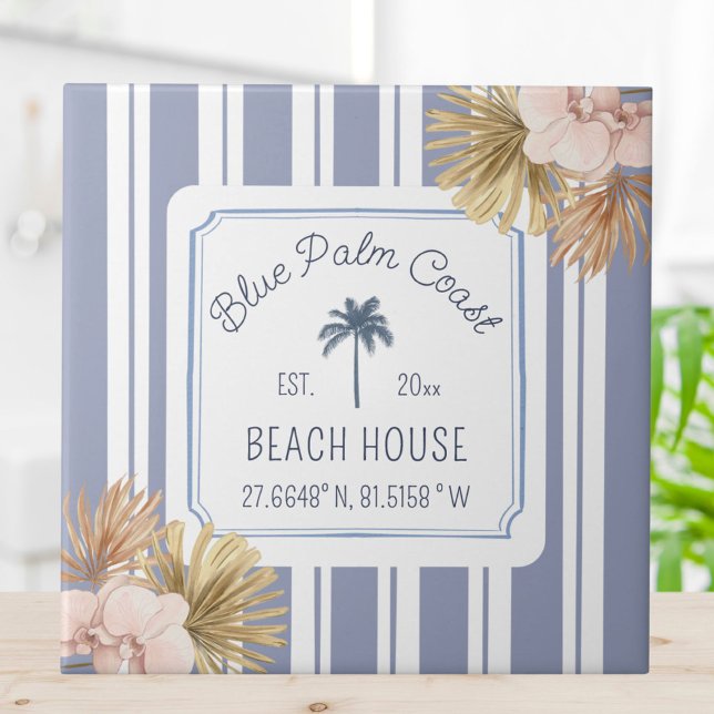 Beach House Blue Stripes Coastal Boho Farmhouse Ceramic Tile (In situ)