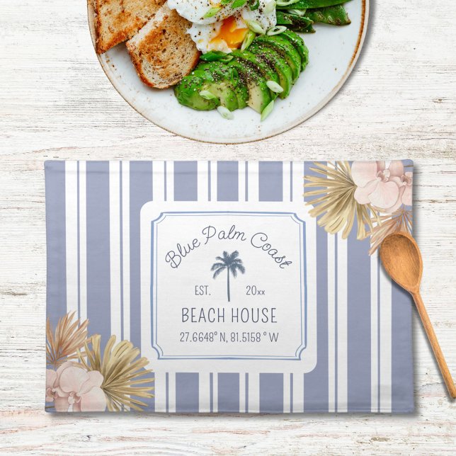 Beach House Blue Stripes Coastal Boho Farmhouse Cloth Placemat (In situ)