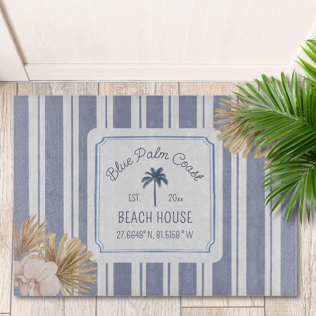 Beach House Blue Stripes Coastal Boho Farmhouse Doormat (In situ)