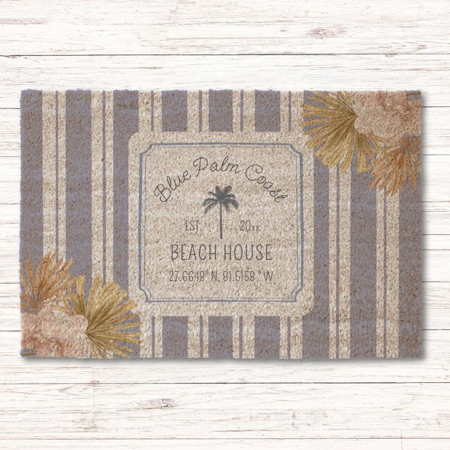 Beach House Blue Stripes Coastal Boho Farmhouse Fiber Doormat (In situ)