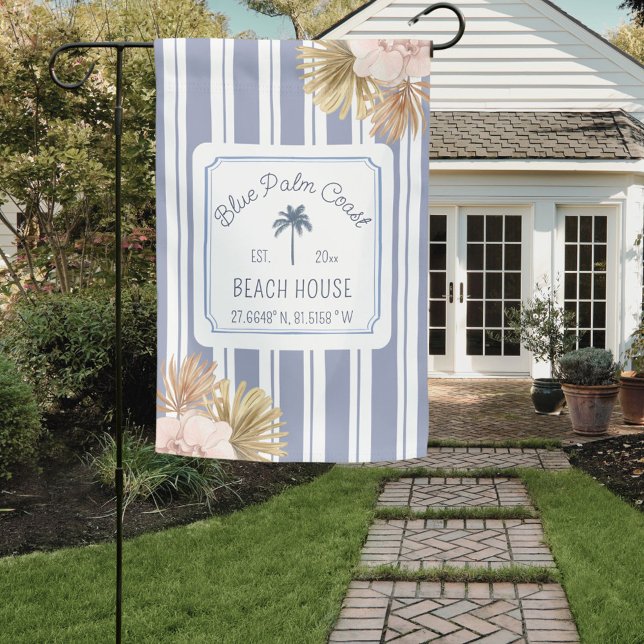 Beach House Blue Stripes Coastal Boho Farmhouse Garden Flag (In situ)