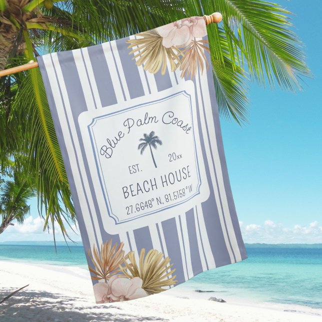 Beach House Blue Stripes Coastal Boho Farmhouse House Flag (In situ)