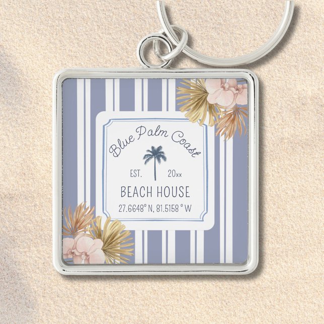 Beach House Blue Stripes Coastal Boho Farmhouse Keychain (In situ)