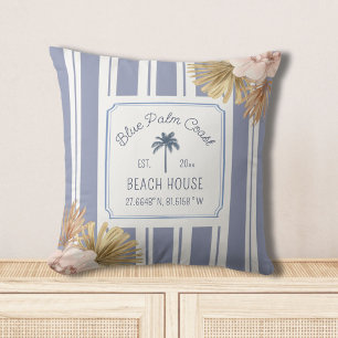 Beach House Blue Stripes Coastal Boho Farmhouse Throw Pillow