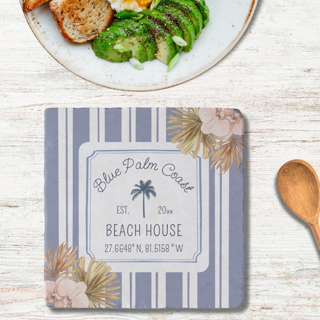 Beach House Blue Stripes Coastal Boho Farmhouse Trivet (In situ)