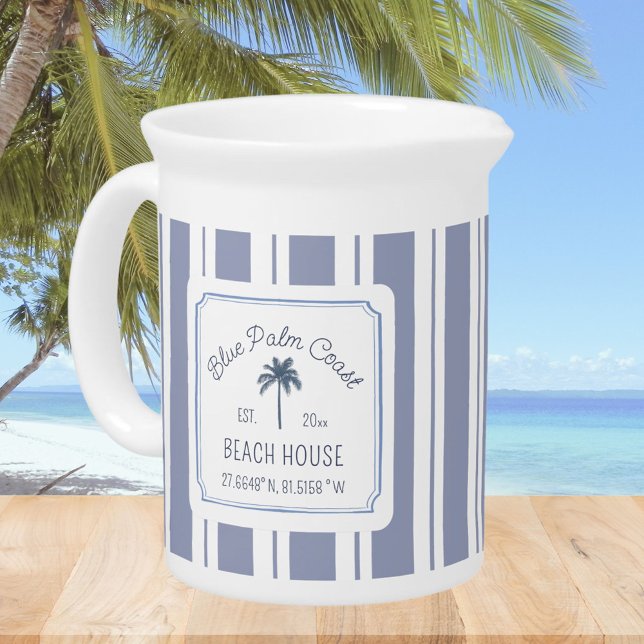 Beach House Blue Stripes Coastal Farmhouse Beverage Pitcher (In situ)