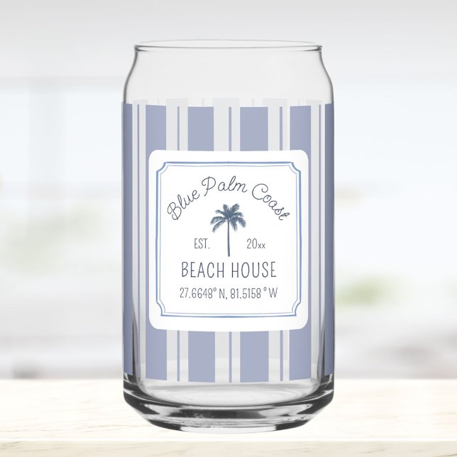 Beach House Blue Stripes Coastal Farmhouse Can Glass (In situ)