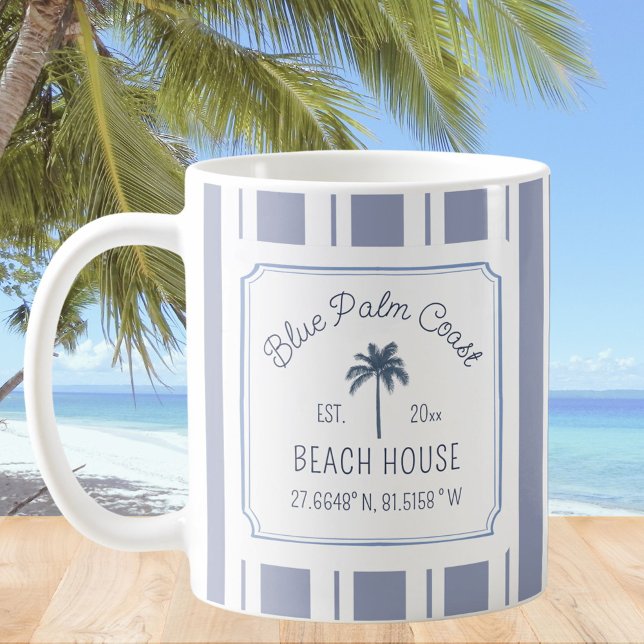 Beach House Blue Stripes Coastal Farmhouse Coffee Mug (In situ)