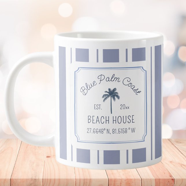 Beach House Blue Stripes Coastal Farmhouse Giant Coffee Mug (In situ)
