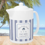 Beach House Blue Stripes Coastal Farmhouse Teapot<br><div class="desc">Introducing our Beach House Blue Stripes Coastal Farmhouse Coffee Mug. Featuring watercolor illustration of orchid and dried palm leaves with navy blue strips as background. Suitable for Rental vacation beach house or coastal cottage.</div>
