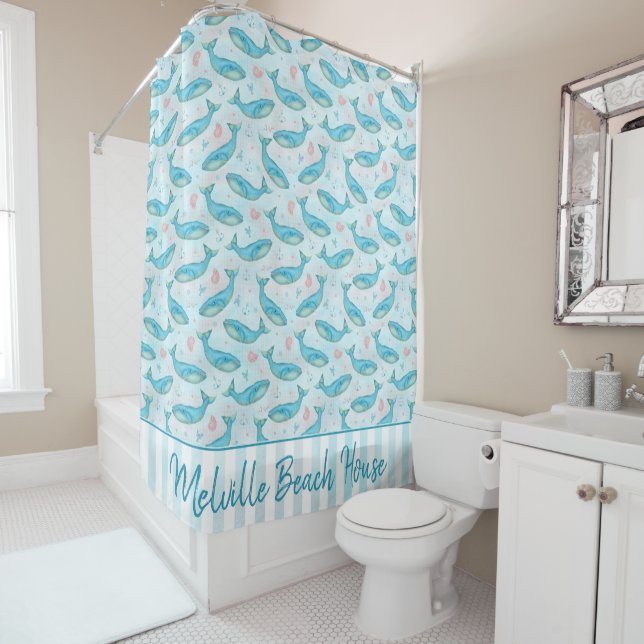 Beach House Blue Whale Nautical | Personalized Shower Curtain (In Situ)