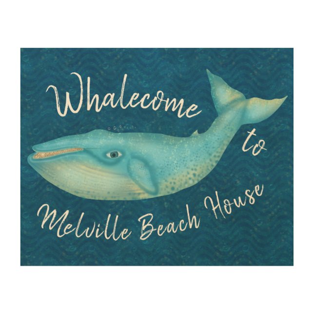 Beach House Blue Whale Nautical Whalecome | Custom Wood Wall Art (Front)