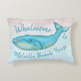 Beach House Blue Whale Nautical Whalecome | Name Accent Pillow
