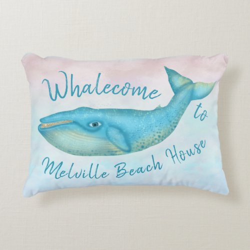 Beach House Blue Whale Nautical Whalecome  Name Accent Pillow