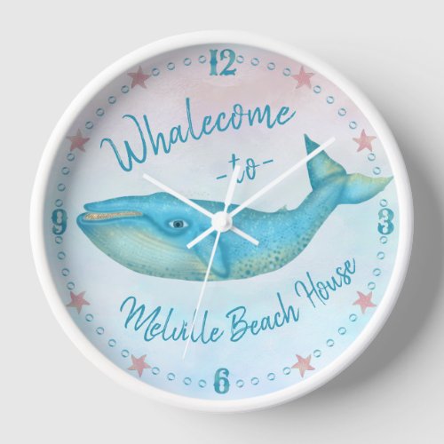 Beach House Blue Whale Nautical Whalecome  Name Clock