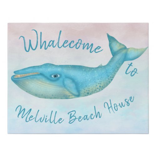 Beach House Blue Whale Nautical Whalecome  Name Faux Canvas Print