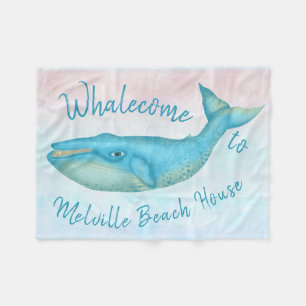 Beach House Blue Whale Nautical Whalecome Name Fleece Blanket
