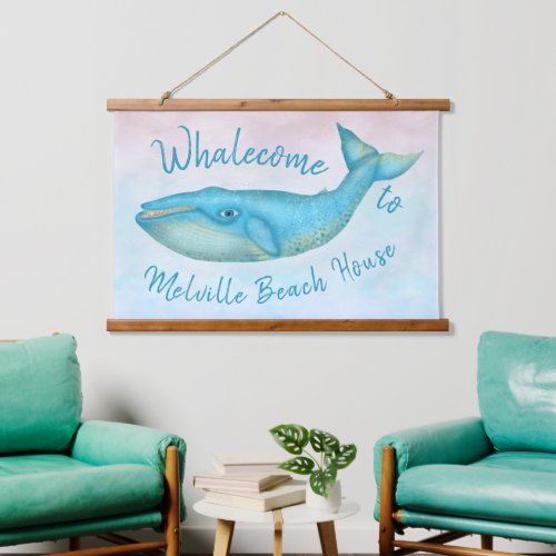 Beach House Blue Whale Nautical Whalecome  Name Hanging Tapestry