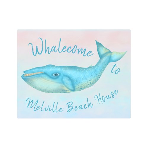 Beach House Blue Whale Nautical Whalecome  Name Metal Print